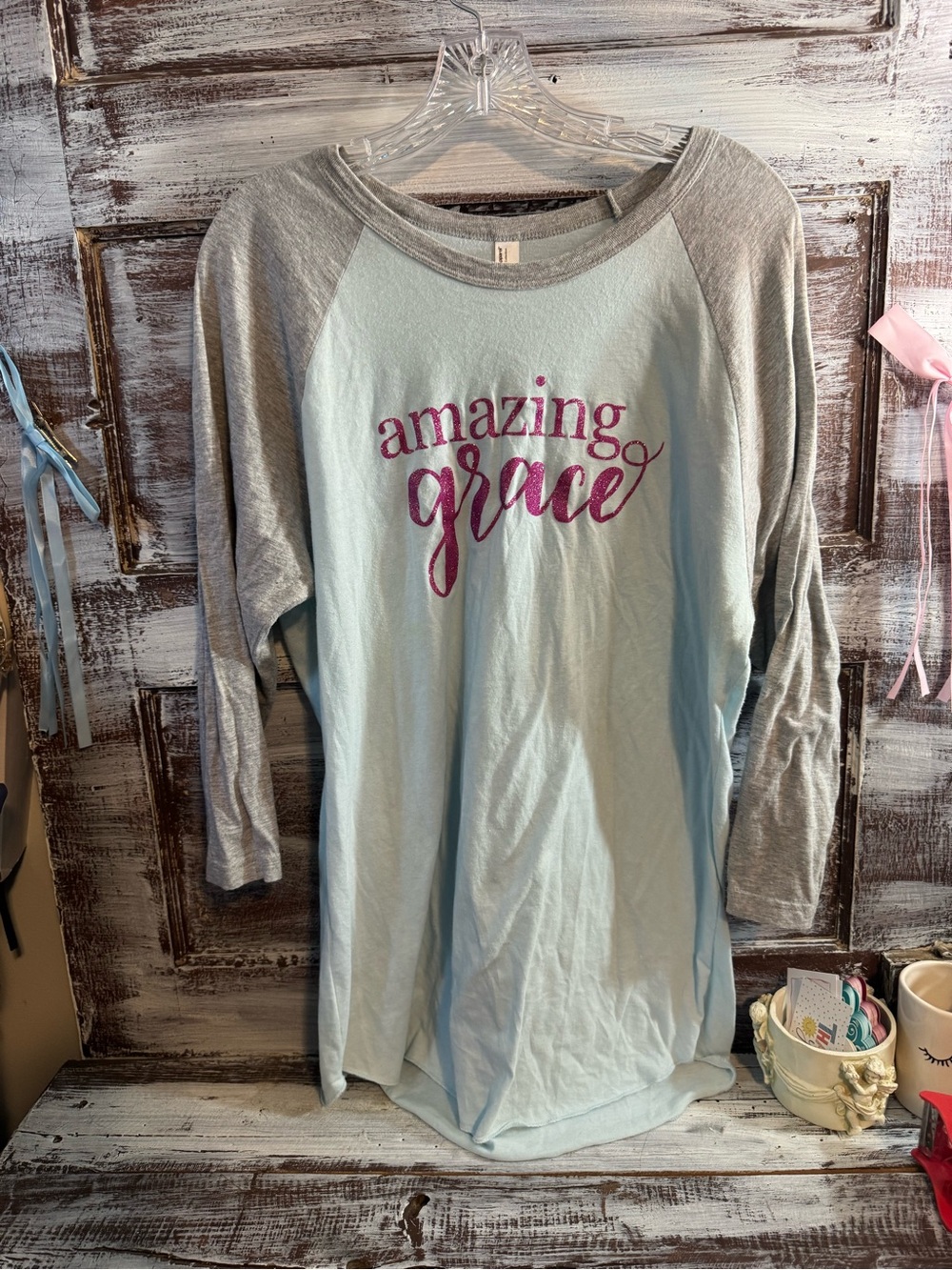 American Apparel Light Blue Top with Gray Raglan Sleeves and Pink Script